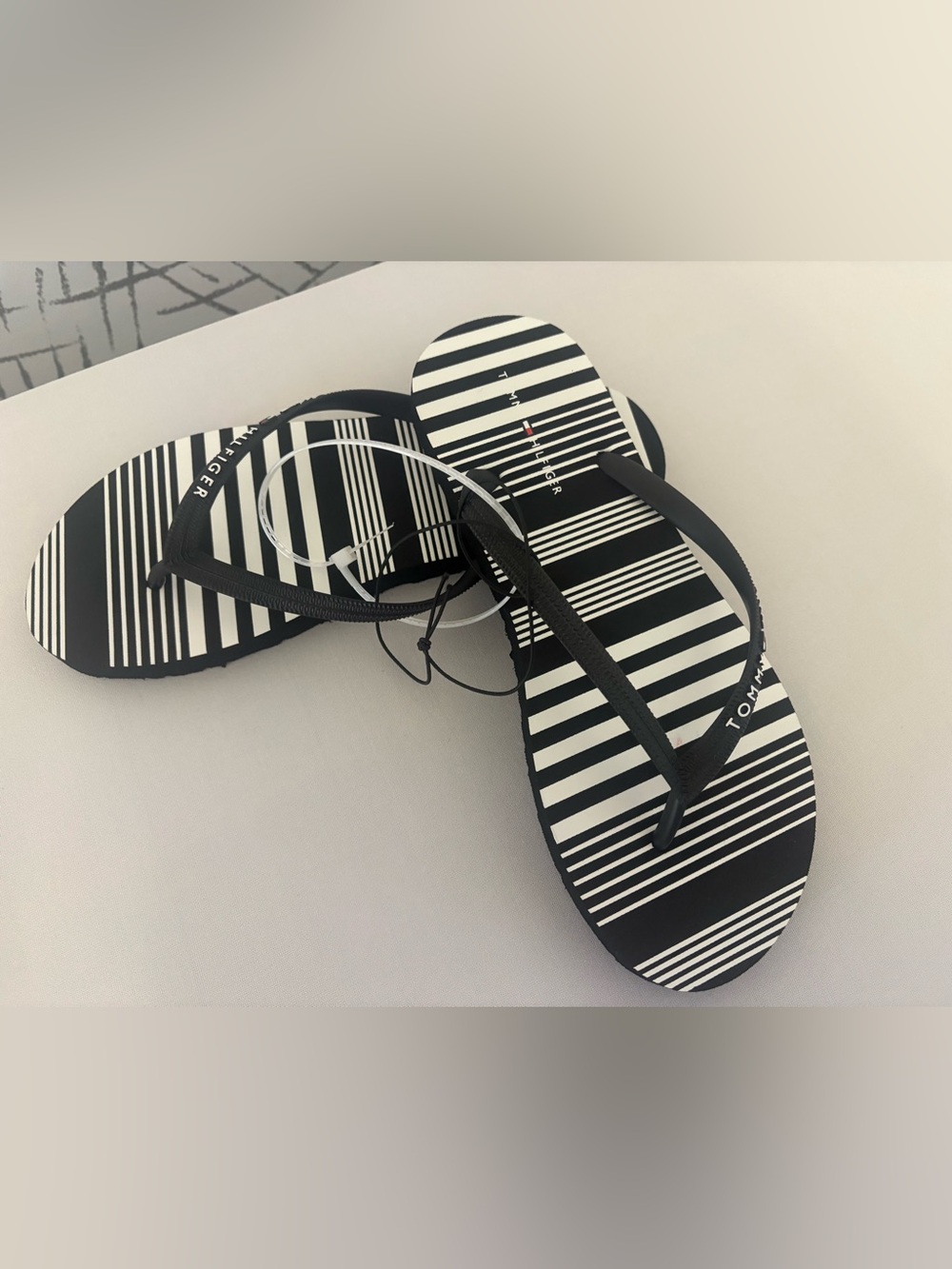 Tommy Hilfiger Black & White Striped Women's Flip Flops